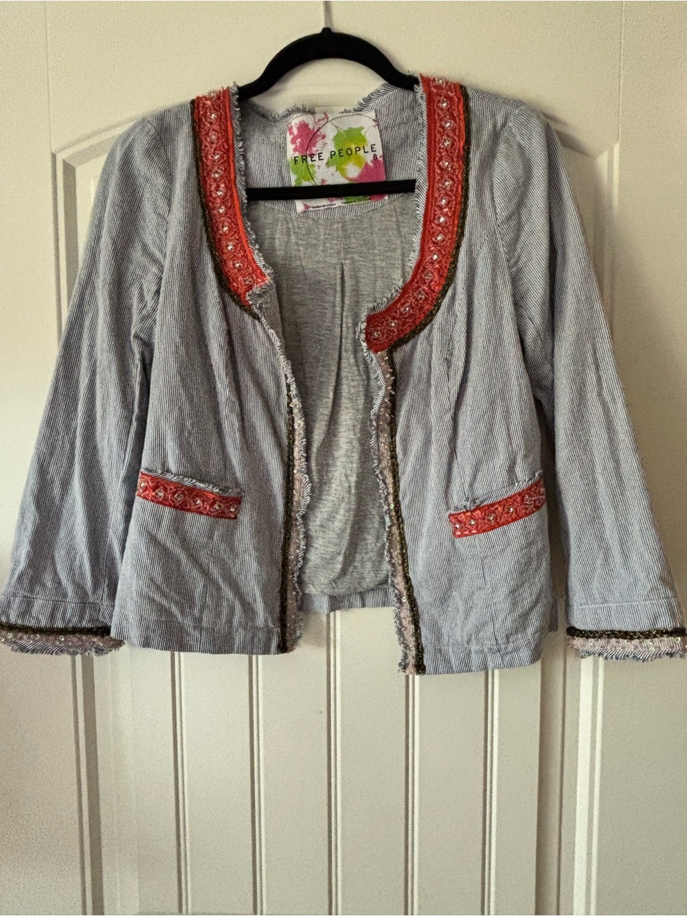 Free People Light Gray Blazer with Coral Embroidered Trim